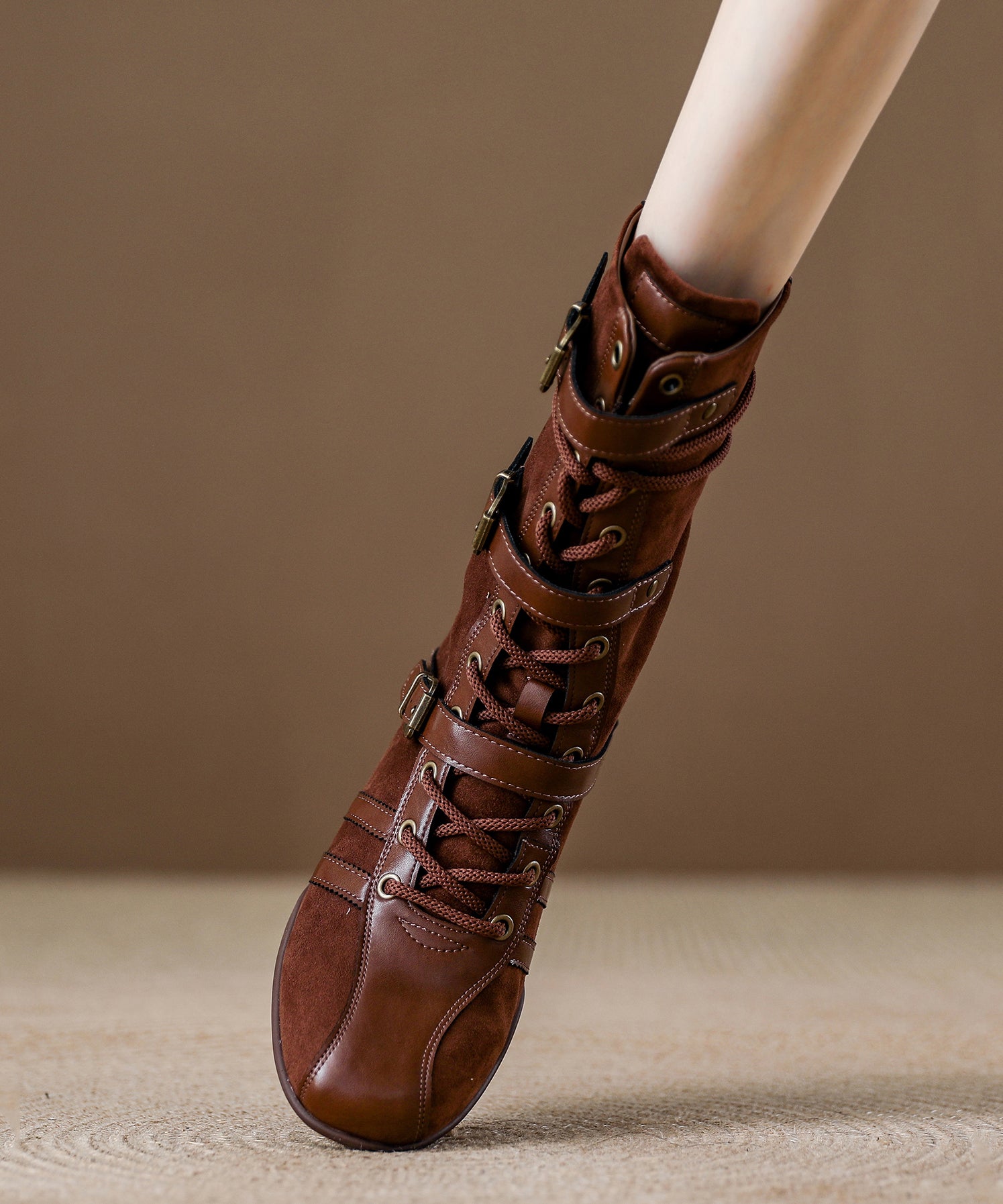 Brown Wedge Suede Stylish Lace Up Zippered Splicing Boots