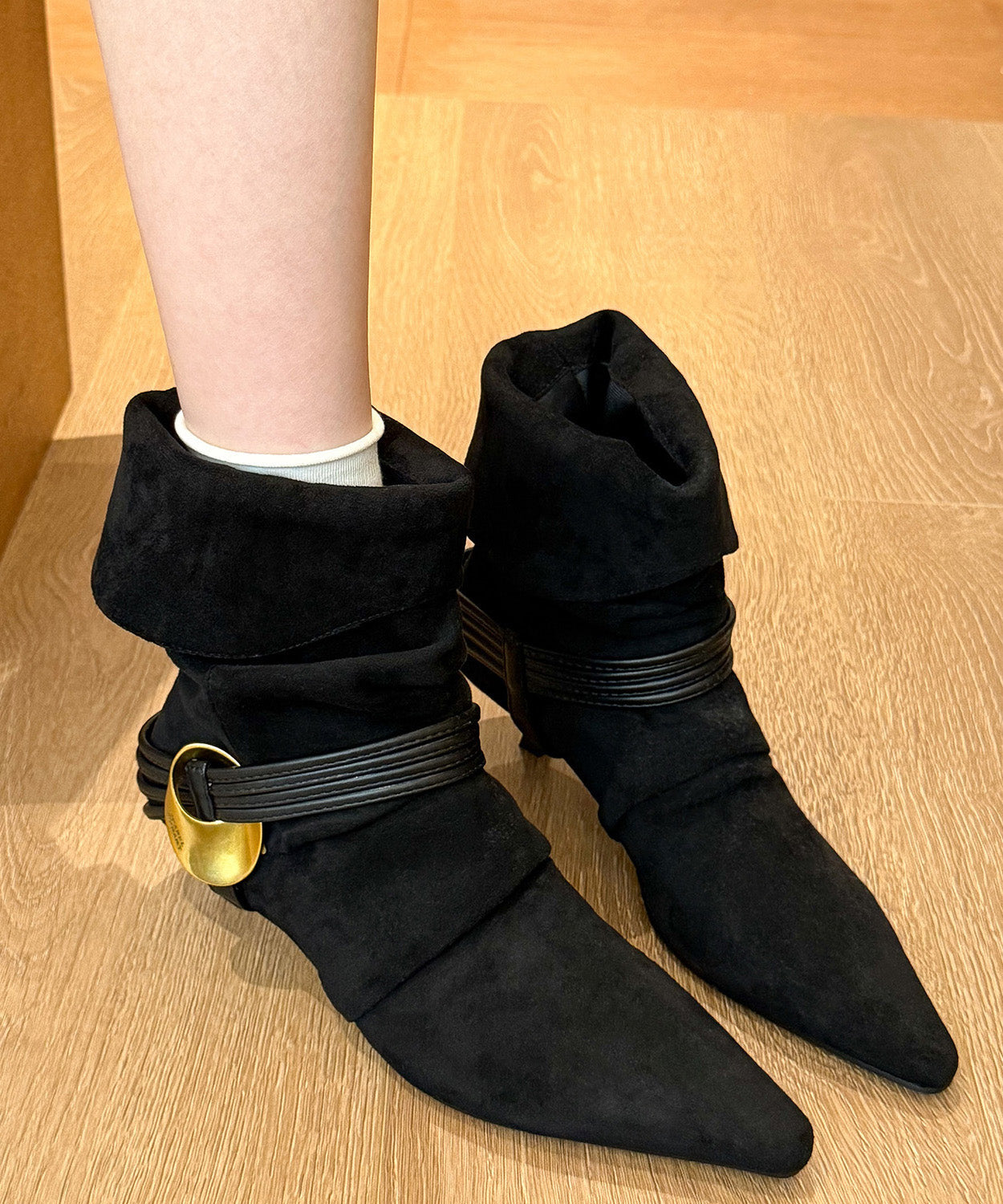 Chic Splicing High Heel Boots Black Suede Pointed Toe