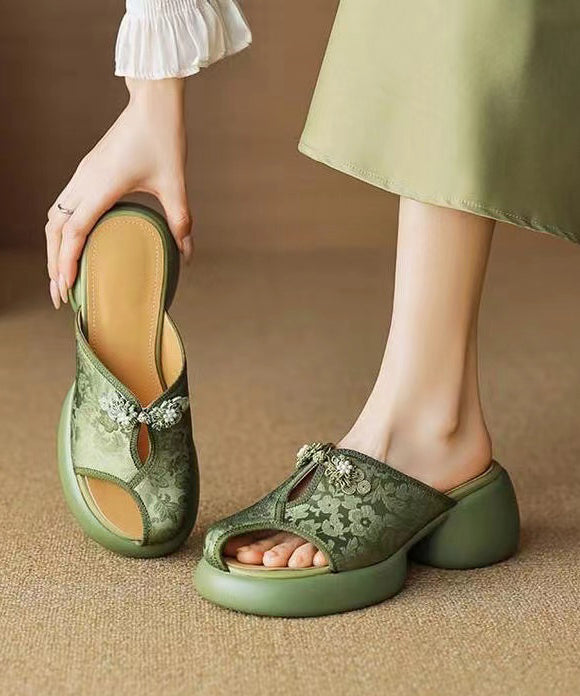 Green Embroidered Chunky Heel Slide Sandals