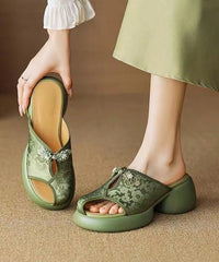 Green Embroidered Chunky Heel Slide Sandals