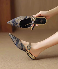 Blue Splicing Slide Sandals Pointed Toe Jacquard Zircon