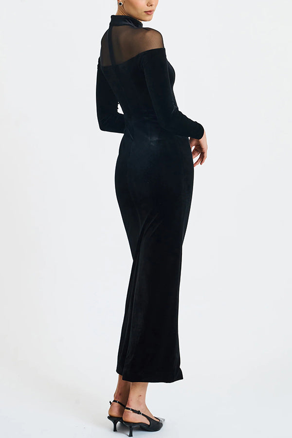 Velvet and Mesh Spliced long-sleeved Slim-fit Maxi Dress