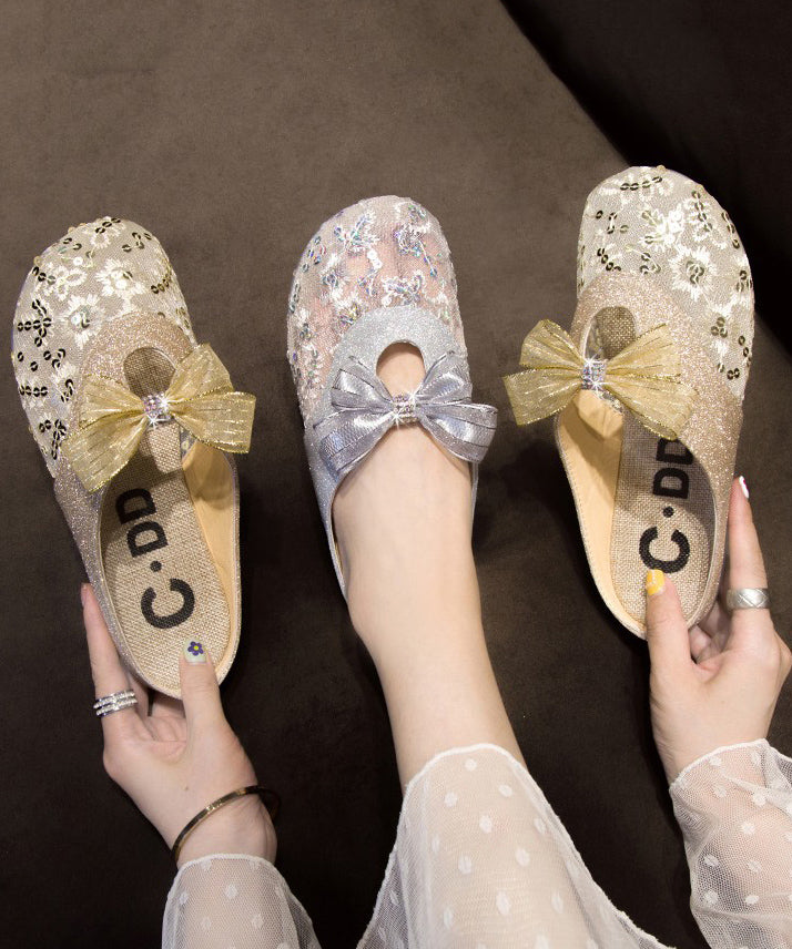 Gold Mesh Breathable Bow Flat Slide Sandals