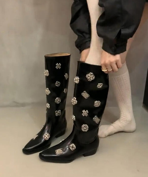 Comfy Splicing Sequined Chunky Boots Black Cowhide Leather