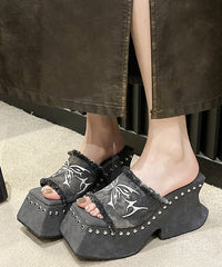 Green Peep Toe Rivet Cotton Platform Slide Sandals