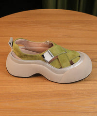 Splicing Platform Sandals Khaki Faux Leather Hollow Out