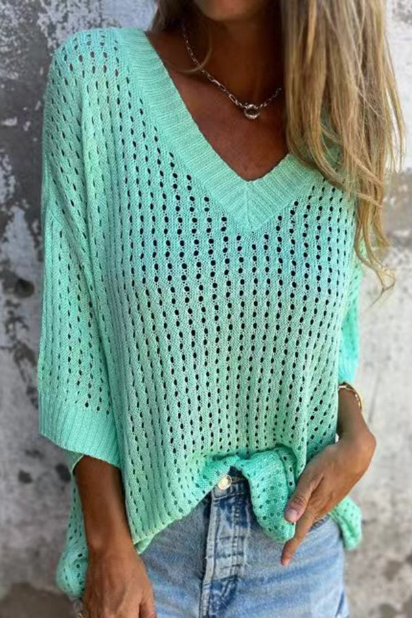 Hollow V-neck Long-sleeved Casual Loose Knitted Top