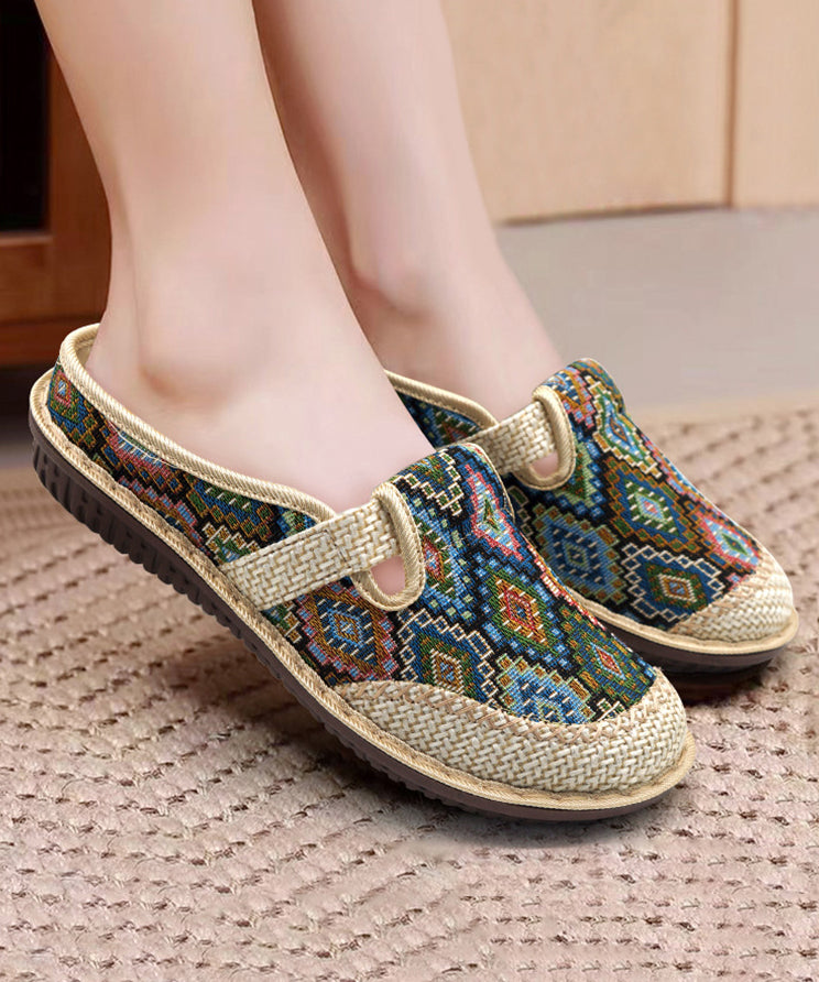 Handmade Comfy Green Splicing Linen Slide Sandals