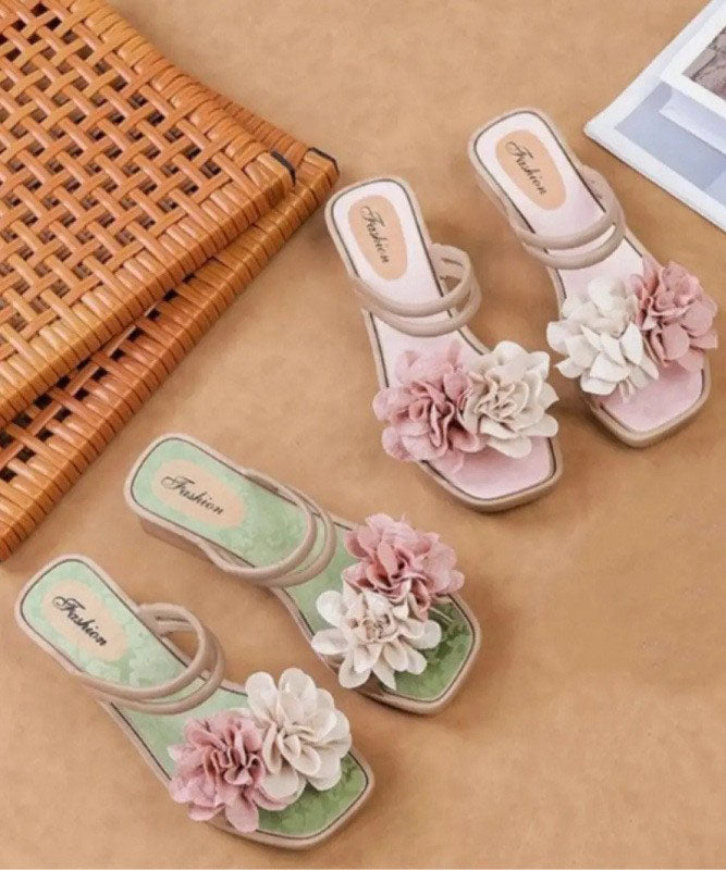 Green Chunky Casual Floral Splicing Slide Sandals Peep Toe