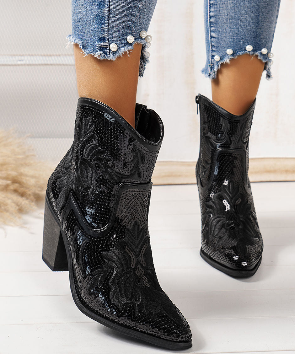 Chic Black Embossed Sequins Cotton Fabric Chunky Ankle Boots