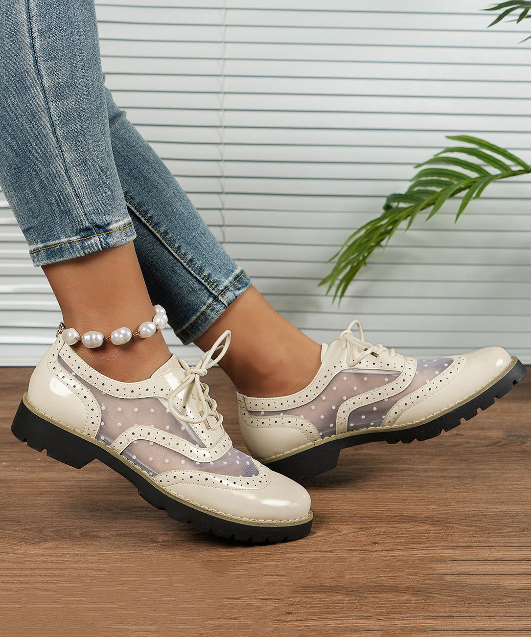 Simple White Lace Up Tulle Splicing Faux Leather Flats