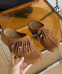 Boho Tassel Splicing Wedge Khaki Suede Slide Sandals