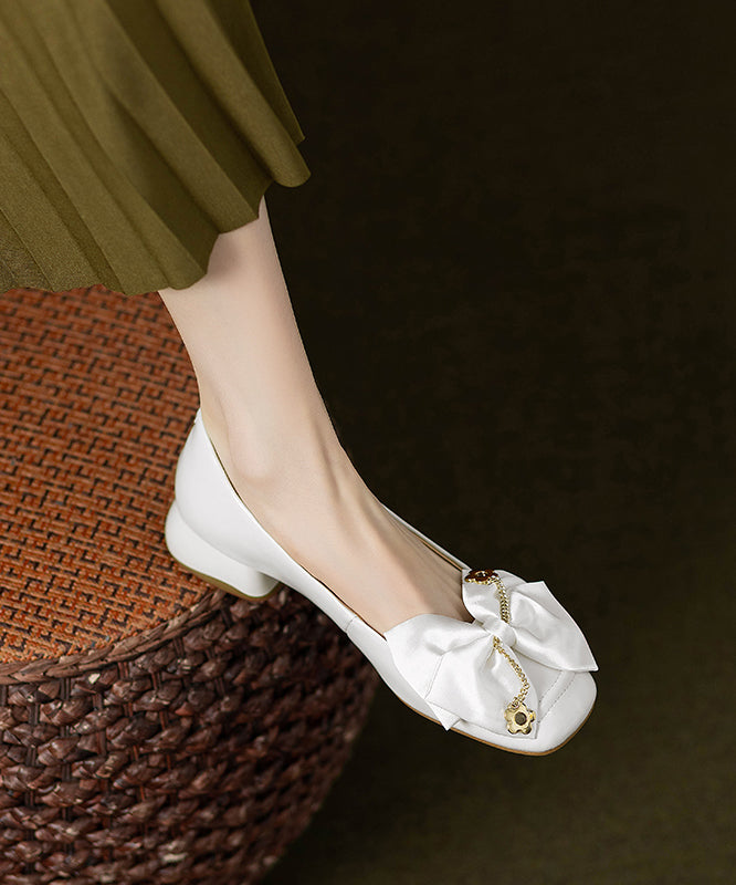 Classy Grey Chunky Flat Shoes Cowhide Leather Splicing Bow