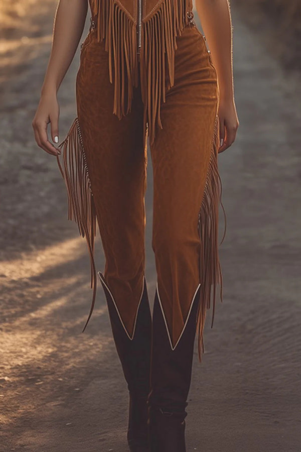 Suede Sleeveless Zippered Slim-fit Tassel Casual Jumpsuit