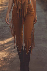Suede Sleeveless Zippered Slim-fit Tassel Casual Jumpsuit