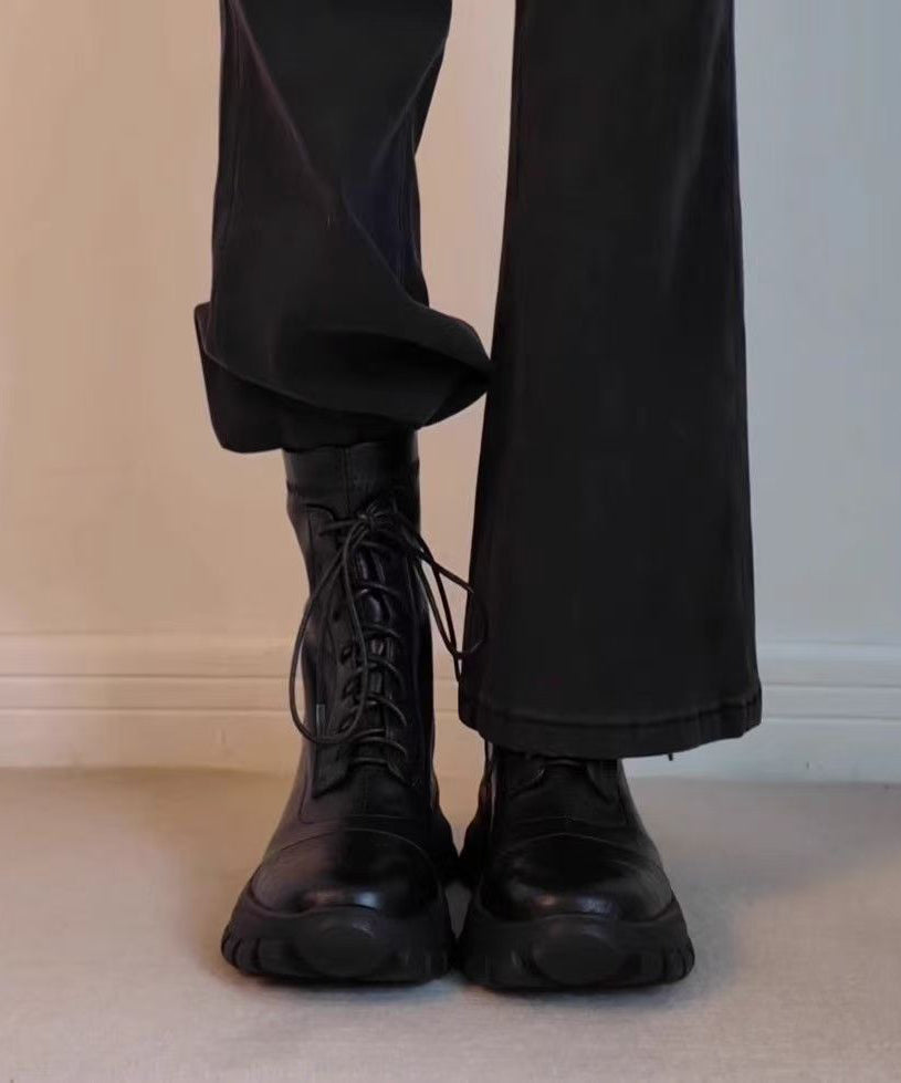 Black Sheepskin Splicing Lace Up Boots