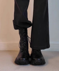 Fashion Black Sheepskin Splicing Lace Up Boots