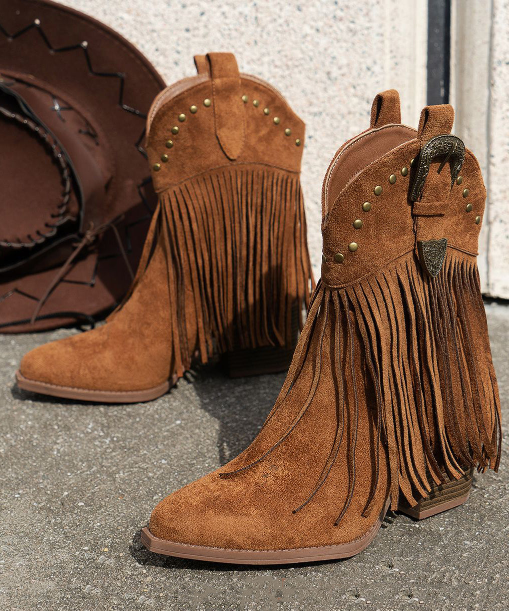 Chic Brown Tasseled Nail Bead Suede Splicing Ankle Boots