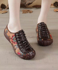 Brown Embossed Cross Strap Splicing Cowhide Leather Flat Shoes