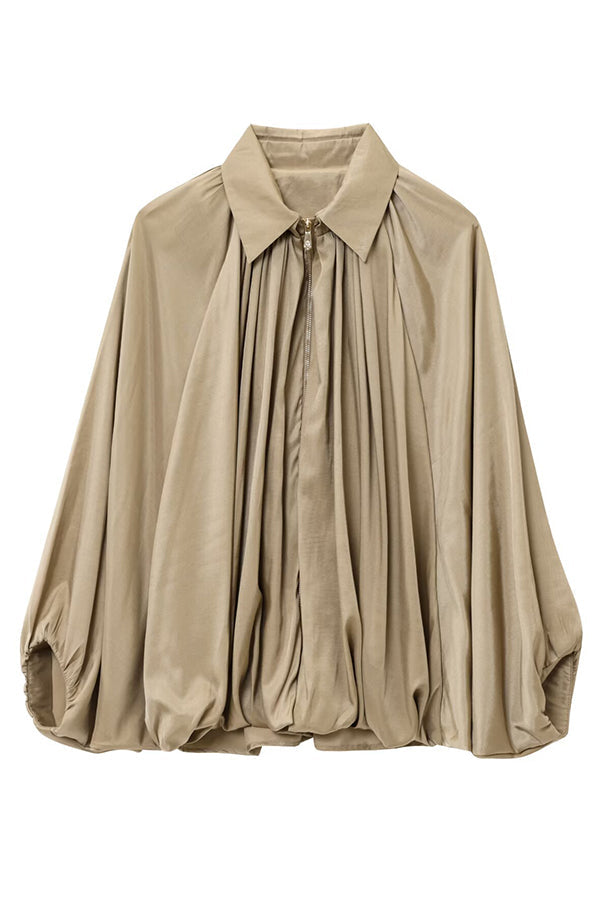 Lapel Loose Puff Long Sleeve Casual Zipper Jacket