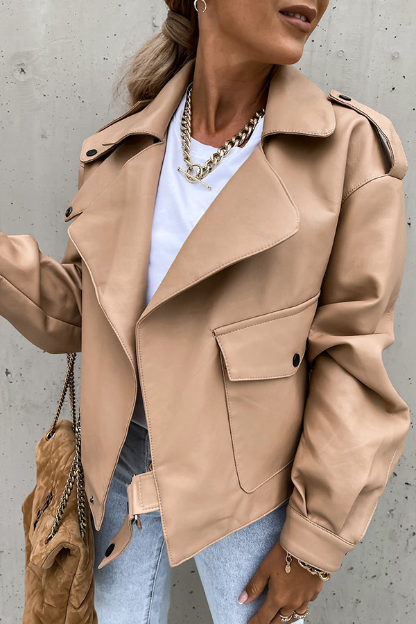 Leather Lapel Pocket British Style Cropped Jacket