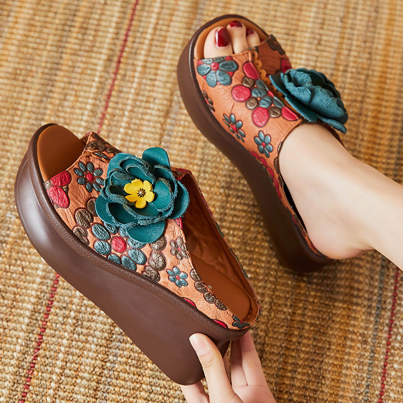 Leather Vintage Wedge Slippers