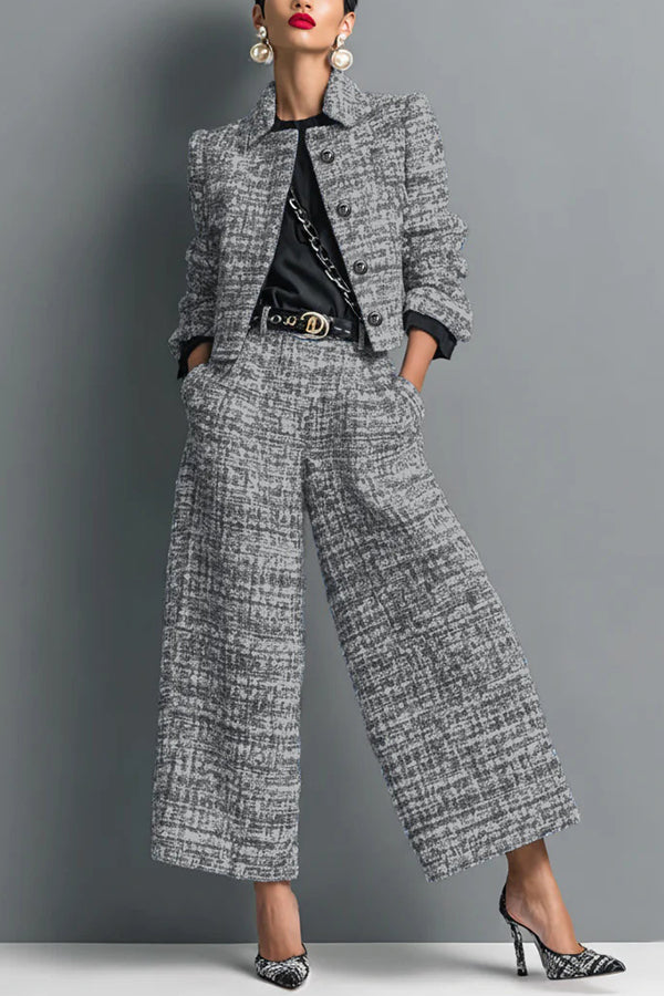 Long-sleeved Single-breasted Short Jacket and Casual Pocket Wide-leg Pants Sets