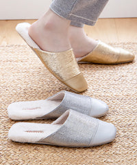 Silver Slippers Shoes Splicing Fuzzy Wool Lined