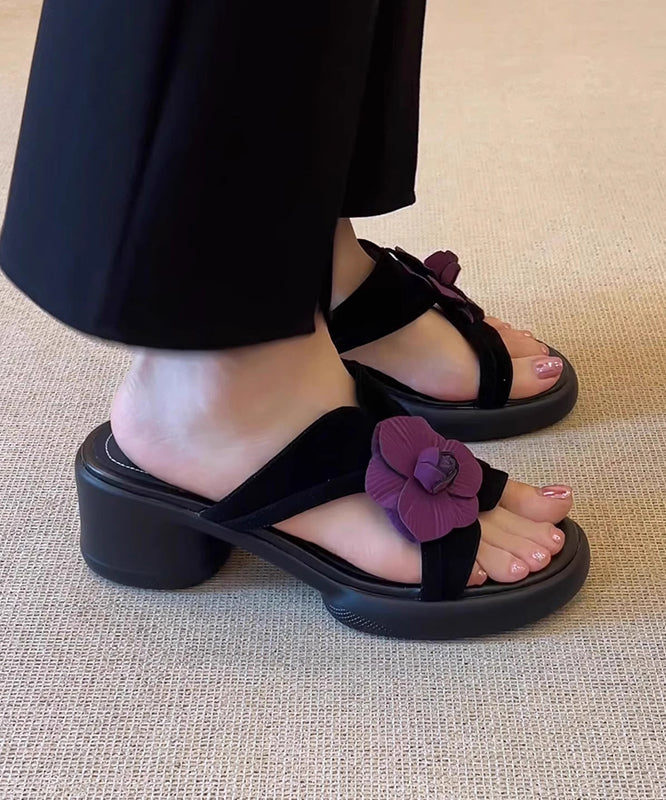 Black Floral Splicing Chunky Slide Sandals Peep Toe