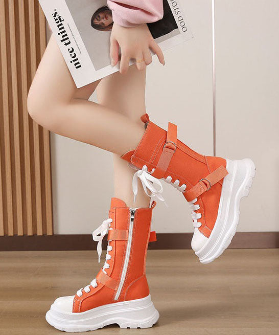 Splicing Lace Up Orange Canvas Motorcycle Platform Boots