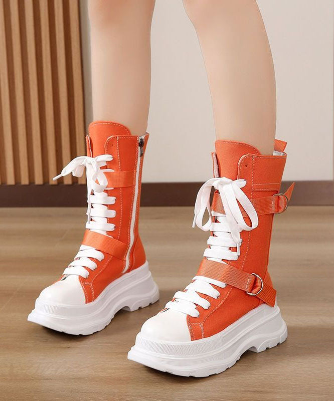 Splicing Lace Up Orange Canvas Motorcycle Platform Boots