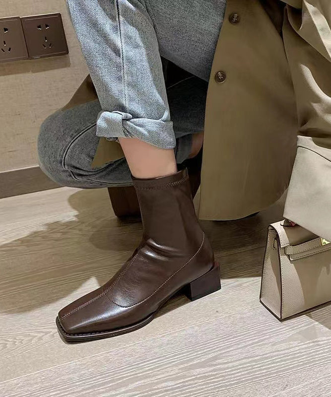 Brown Chunky Boots Splicing Zippered