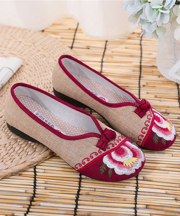 Apricot Genuine Leather Embroider Flower Splicing Flat Feet Shoes