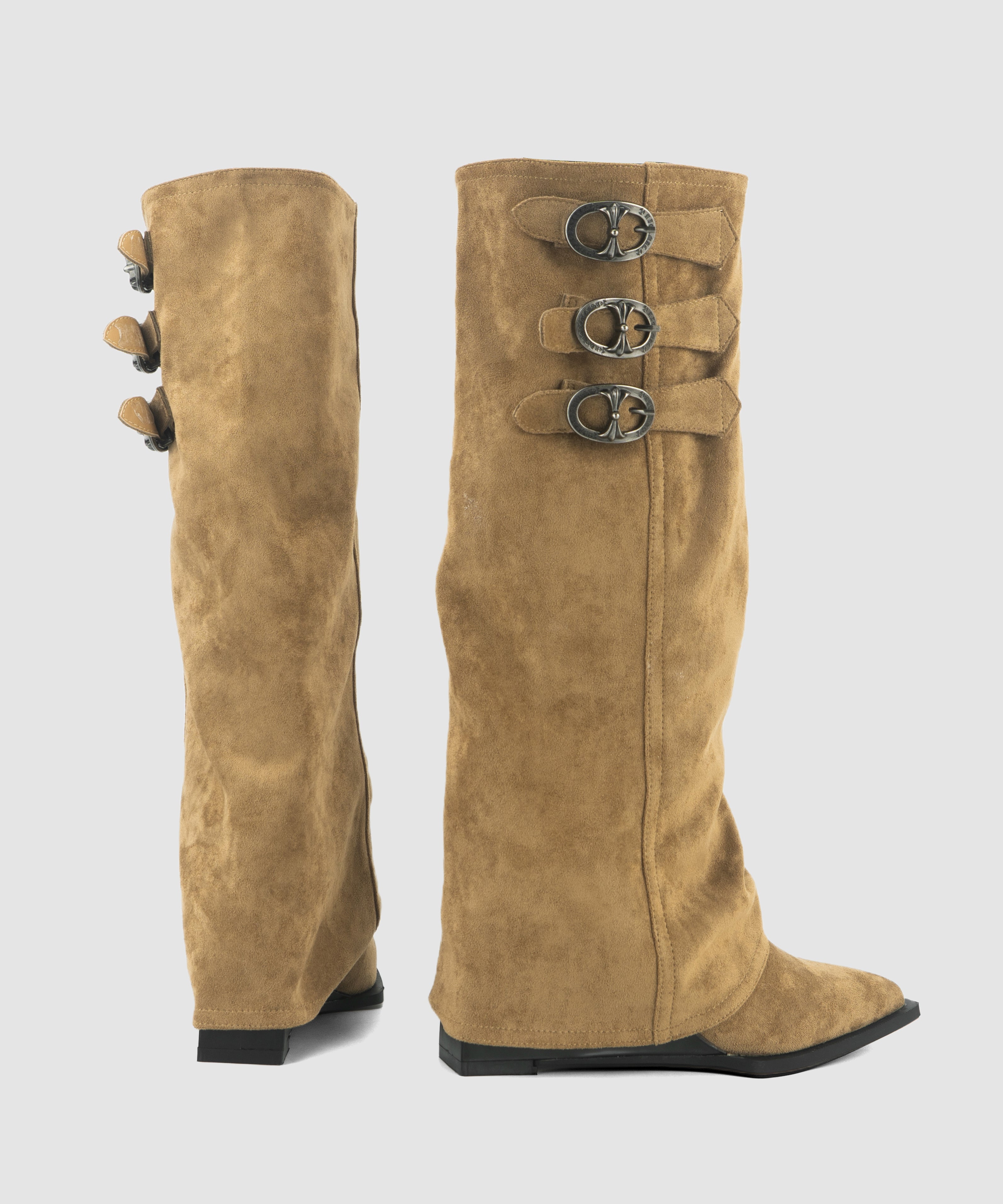 Khaki Boots Wedge Suede Splicing Pointed Toe