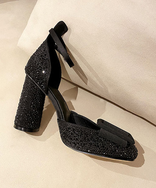 Handmade Splicing Chunky Heel Sandals Black Zircon Buckle Strap