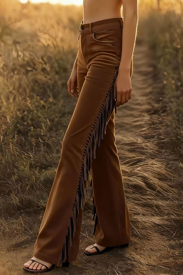 Suede High-waisted Fringed Casual Flared Pants