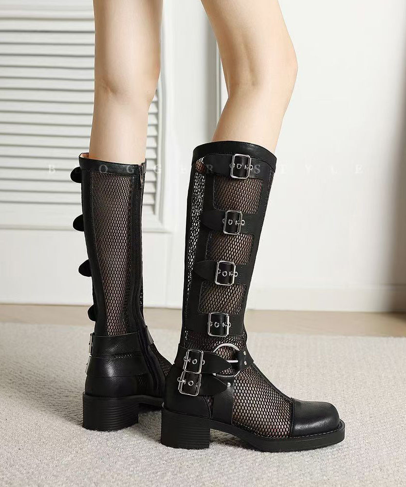 Splicing Chunky Hollow Out Breathable Boots Beige Genuine Leather