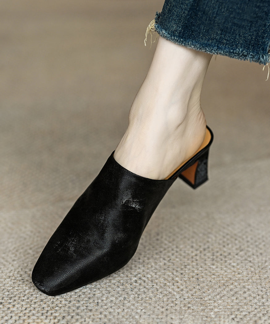 French Brown Satin Cowhide Leather Chunky Heel Slide Sandals