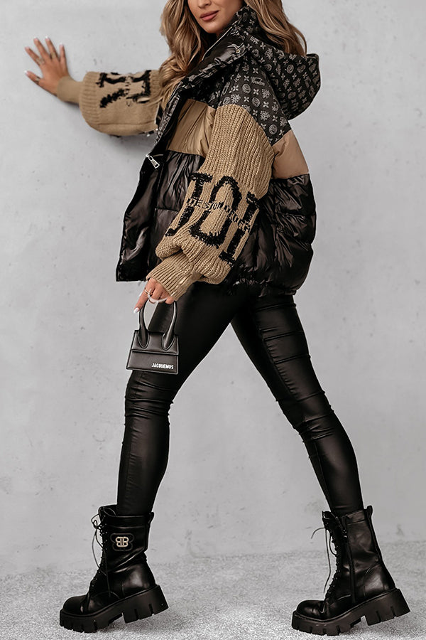 Denim Knit Long-sleeved Patchwork Hooded Pocket Thickened Jacket