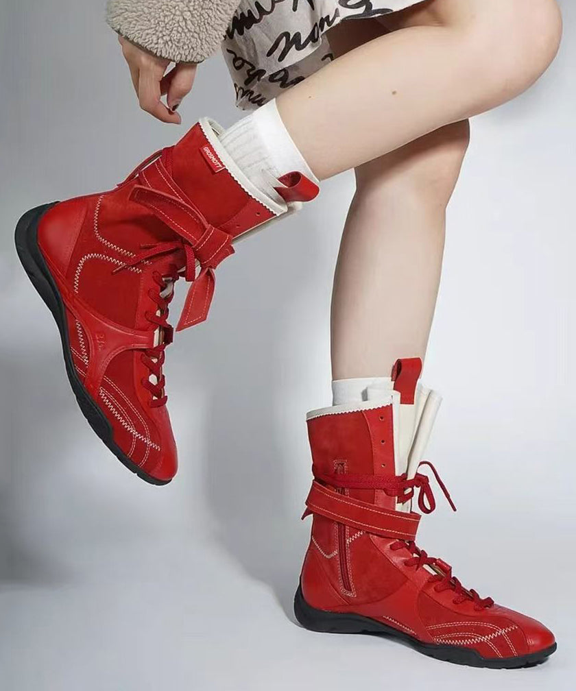 Red Lace Up Suede Splicing Fashion Boots