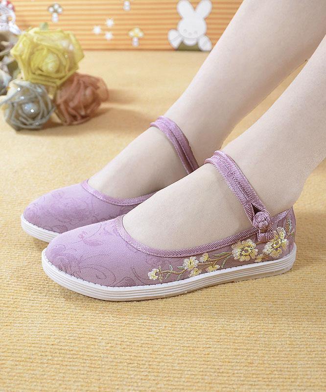 Beige Embroideried Cotton Fabric Flat Shoes Buckle Strap Flat Shoes