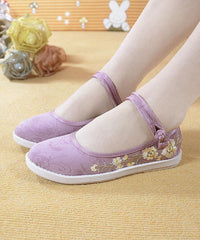 Beige Embroideried Cotton Fabric Flat Shoes Buckle Strap Flat Shoes