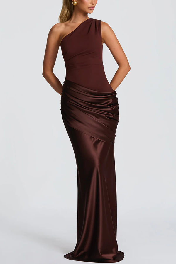One-shoulder Sleeveless Satin Draped Slim-fit Maxi Dress