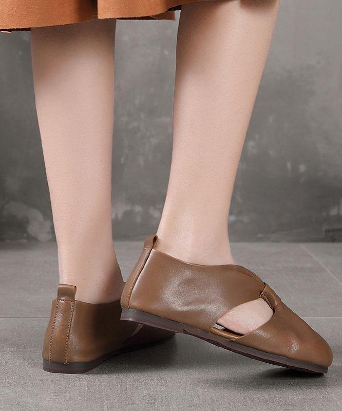 Chocolate Beautiful Hollow Out Flat Feet Shoes Cowhide Leather