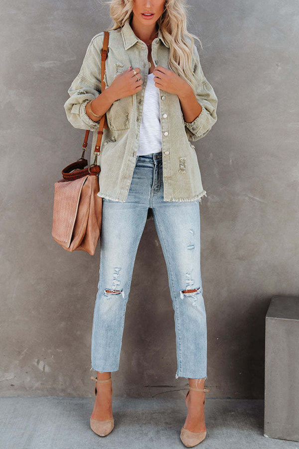 Lapel Long Sleeve Ripped Denim Jacket