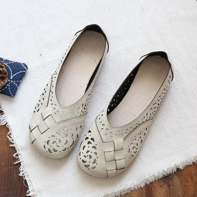Hollow Out Plait Linen Insole Leather Flats Casual Shoes