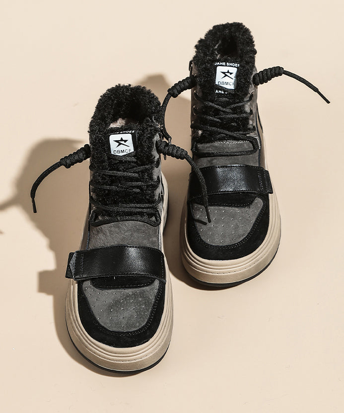 Lace Up Splicing Platform Boots Khaki Faux Leather Fuzzy Wool Lined