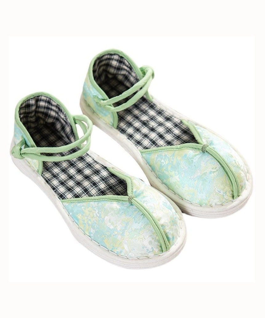 Green Flat Shoes For Cotton Fabric Splicing Buckle Strap Embroidery