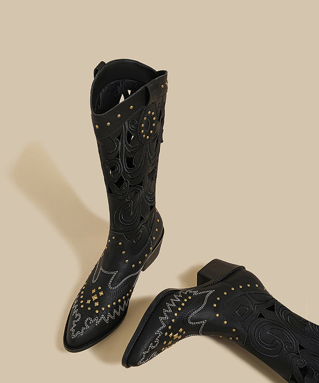 Stylish Hollow Out Rivet Splicing Chunky Boots Brown Faux Leather