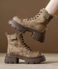 Brown Platform Cowhide Leather Women Splicing Boots Lace Up